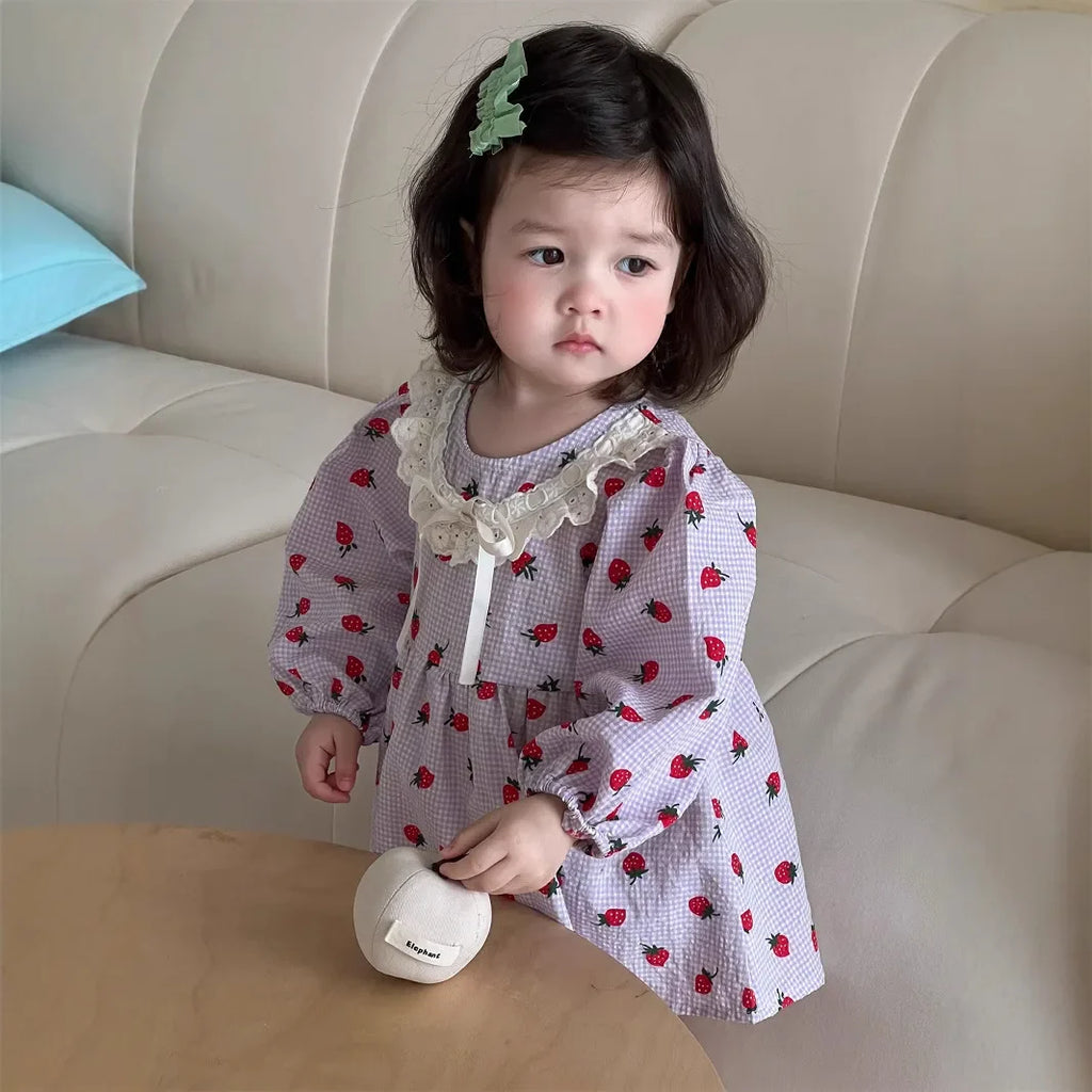 2025 Spring New Baby Girl Long Sleeve Dress Cute Strawberry Print Newborn Toddler Princess Bodysuit Dress Kids Girls Lace Dress