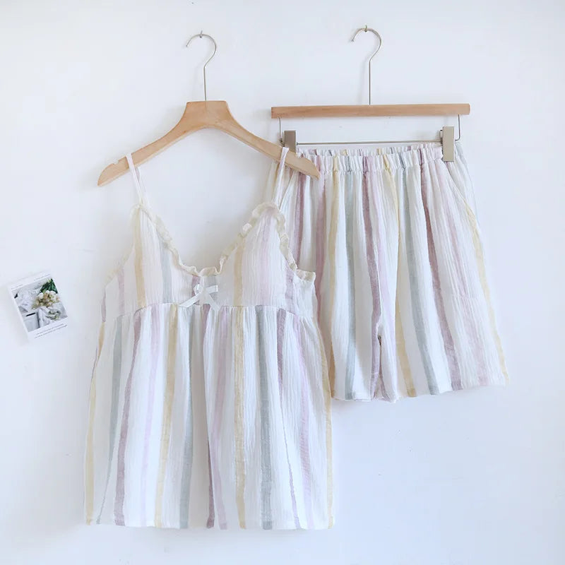2025 Japanese Summer New Women's Pajama Set 100% Cotton Crepe Cloth Ladies Suspender+Shorts Two Piece Home Furnishing Set