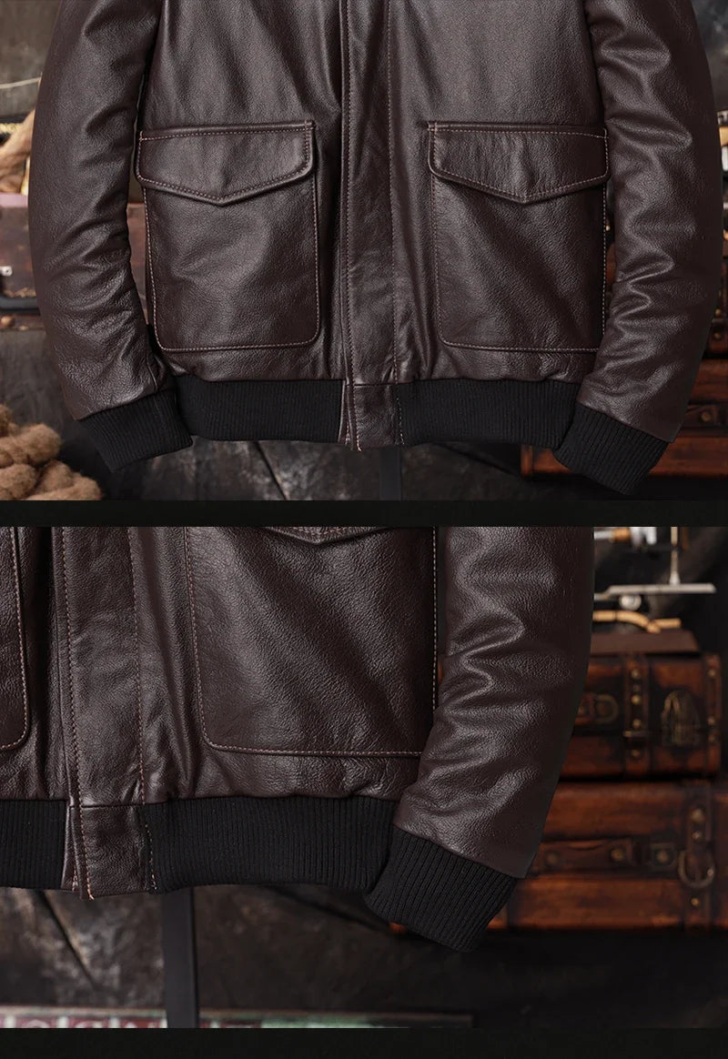 Bomber A2 Pilot Genuine Leather Jacket Men Warm 100% Cow Leather Air Force Coat Dark Brown Men's Cowhide Motorcycle Jackets