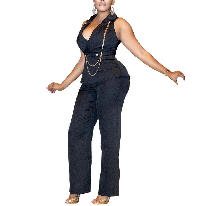 Elegant Blazer Jumpsuits Summer Clothes Women Sleeveless V-Neck Straight Pants Rompers Playsuits OL Style One Pieces Overalls