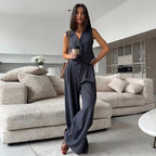 casual sleeveless suit set office lady spring summer elegant slim v-neck blazer tops pants two piece set women outfit 2024