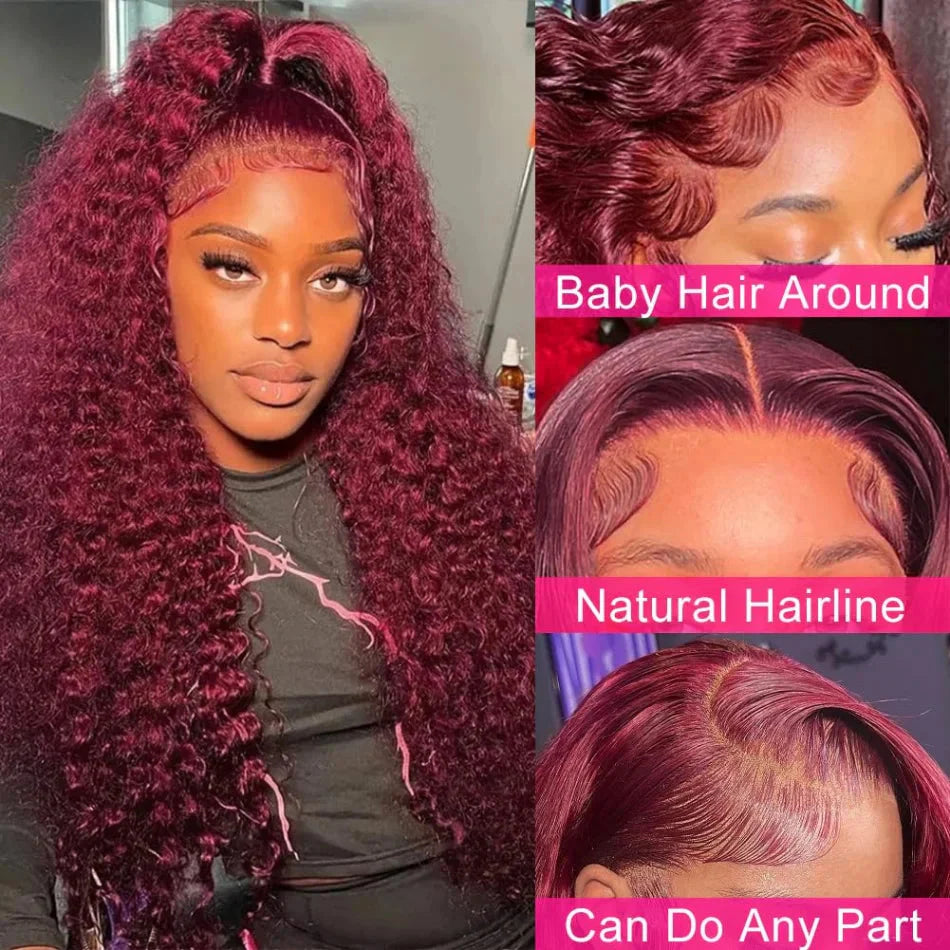 30 36Inch 99J Burgundy 13x6 Hd Lace Frontal Human Hair for women Red Colored 13x4 Transparent Lace Curly deep wave frontal wig