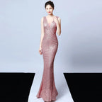 DEERVEADO Elegant V Neck Sequin Evening Dress Long 2025 New Women Mermaid Formal Dress Party Gown Bodycon Maxi Prom Dress