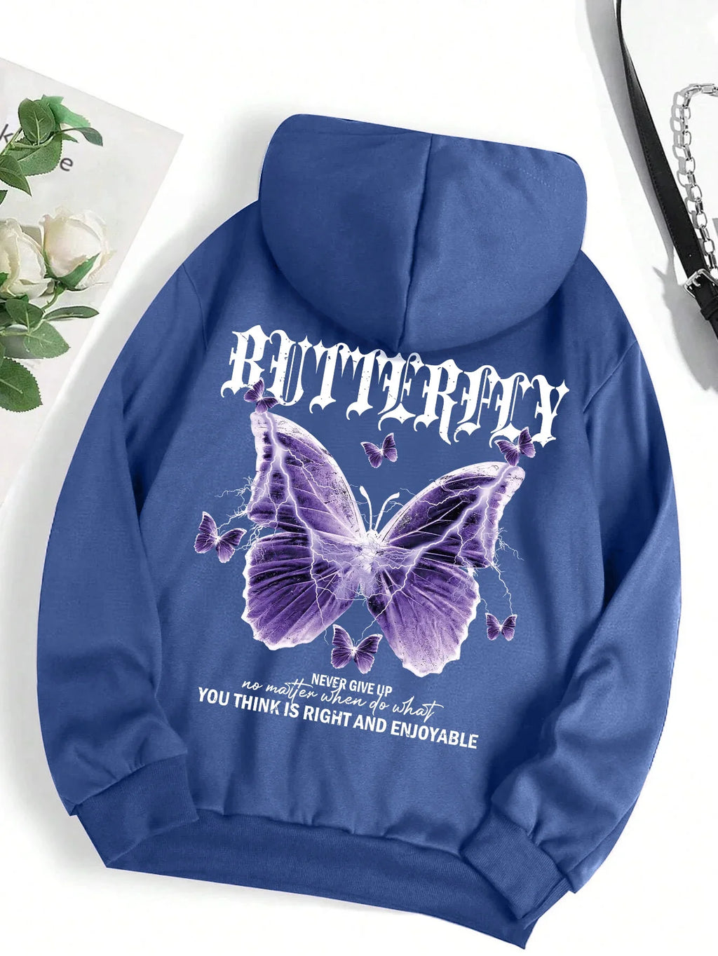 Beautiful Purple Butterfly Printing Hoodies Women Fleece Pocket Hoody Simple Casual Hoodie Autumn Loose Female Streetwear