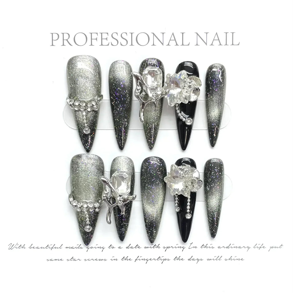 10pcs Ballet Acrylic Long Stiletto Black Glitter Sweet Cool Artificial Nails with Glue Handmade False Nails Y2k Stick on Nails