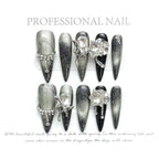 10pcs Ballet Acrylic Long Stiletto Black Glitter Sweet Cool Artificial Nails with Glue Handmade False Nails Y2k Stick on Nails