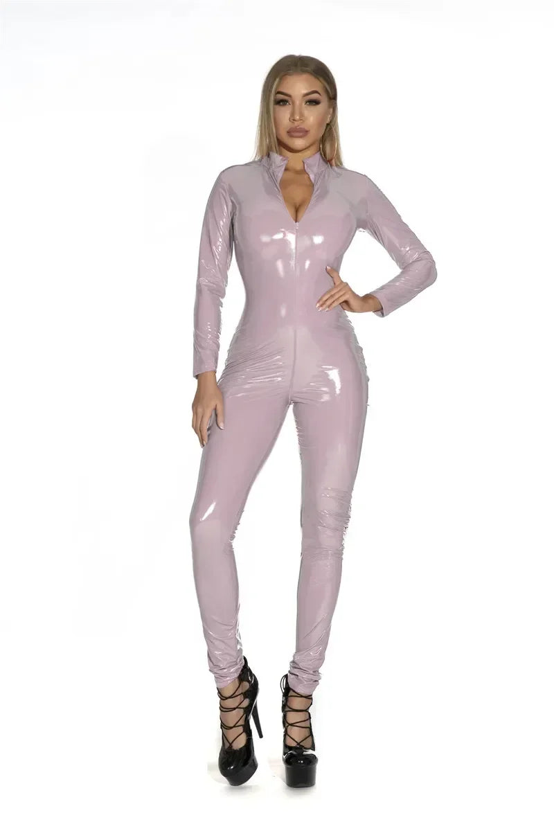 2025 Halloween Women's Wet Look Shiny PU Faux Leather Jumpsuit Suit Long Sleeve Zipper Open Crotch Latex Bodysuit Clubwear