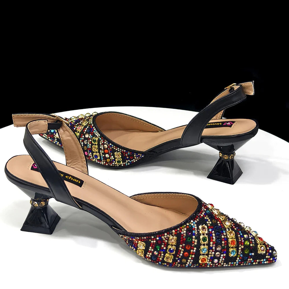2025 Luxurious Italian Women's Party Shoes & Bag Set â€?Elegant Golden Rhinestone Spring/Summer Sandals with Pointed High Heels f