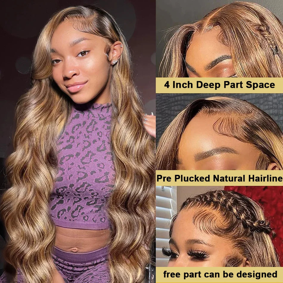 30 Inch Body Wave Highlight Lace Front Wig Human Hair 13x6 Hd Lace Frontal Wig High Density Colored Brazilian Hair Wigs Women