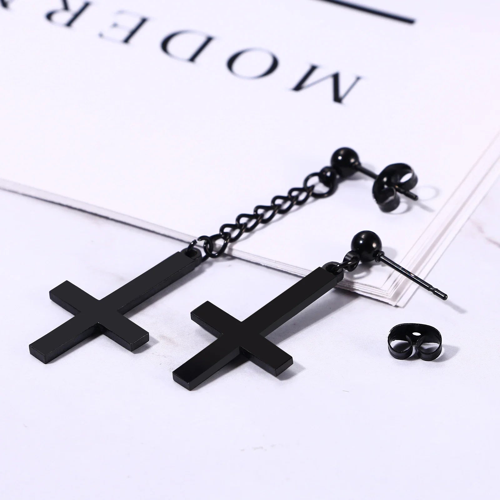 BONISKISS Men Women Stainless Steel Inverted Upside Down Cross Earring Church of Satan Temple Occult Satanic Witchy Stud Jewelry
