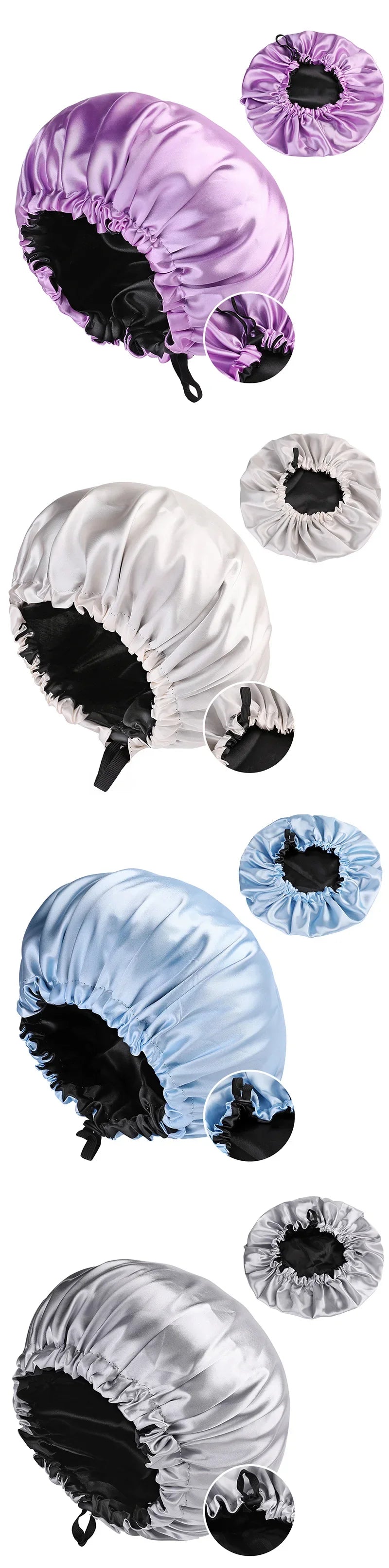 Adjustable Double Layer Satin Bonnet Nightcap Doubleside Women Round Shower Caps Night Sleep Polyester Hat Solid Black Lining