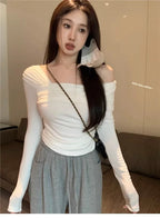 Elegant Off-Shoulder Long Sleeve Knitted Top For Women 2023 Autumn Slimming Smooth Base Layer T-Shirt Polyester Fiber Full Sleev