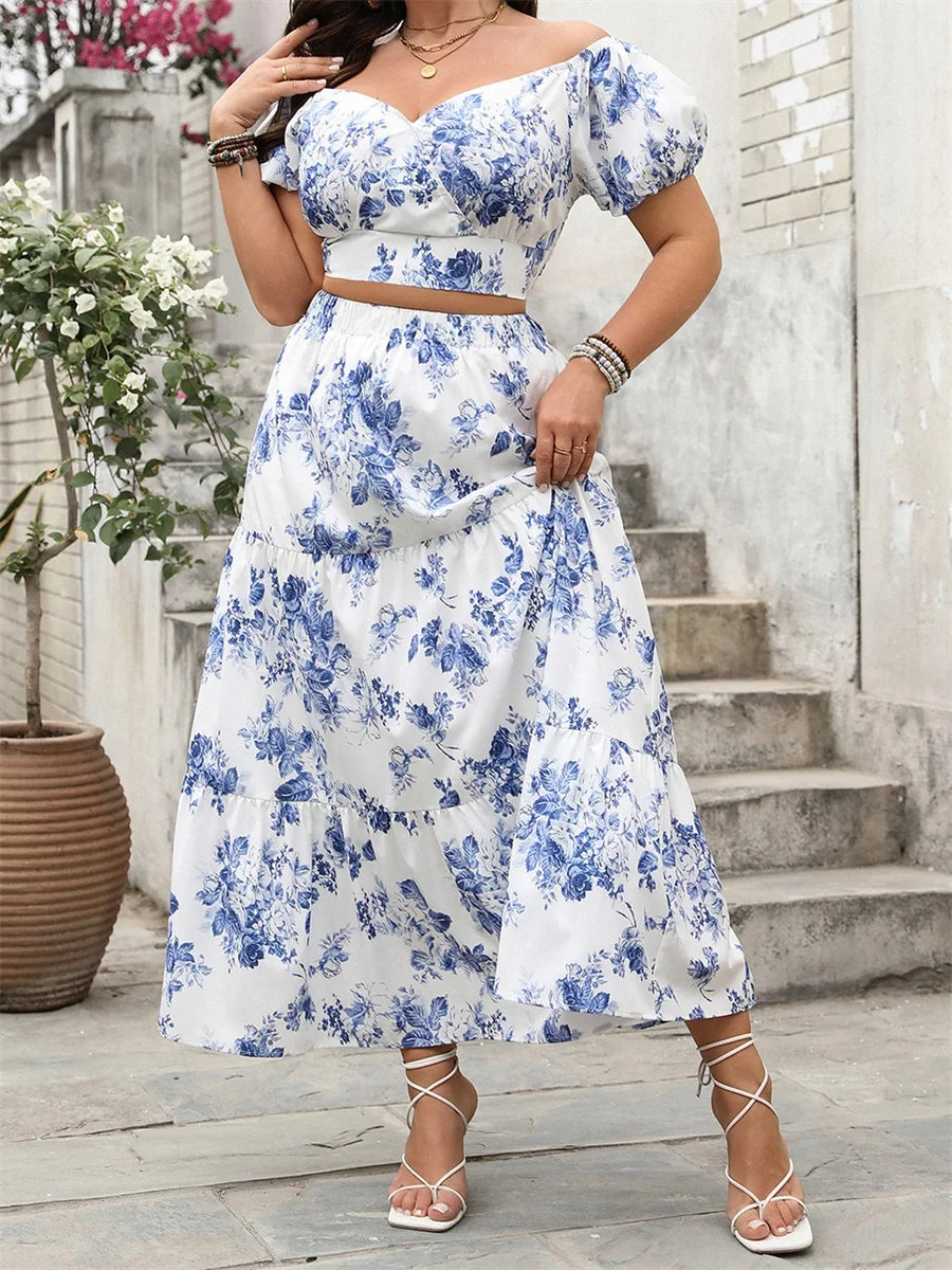 Elegant Plus Size Outfit Floral Print V-Neck Top with Short Sleeves and Elastic Waist Long Skirt - 2 Piece Set for Women