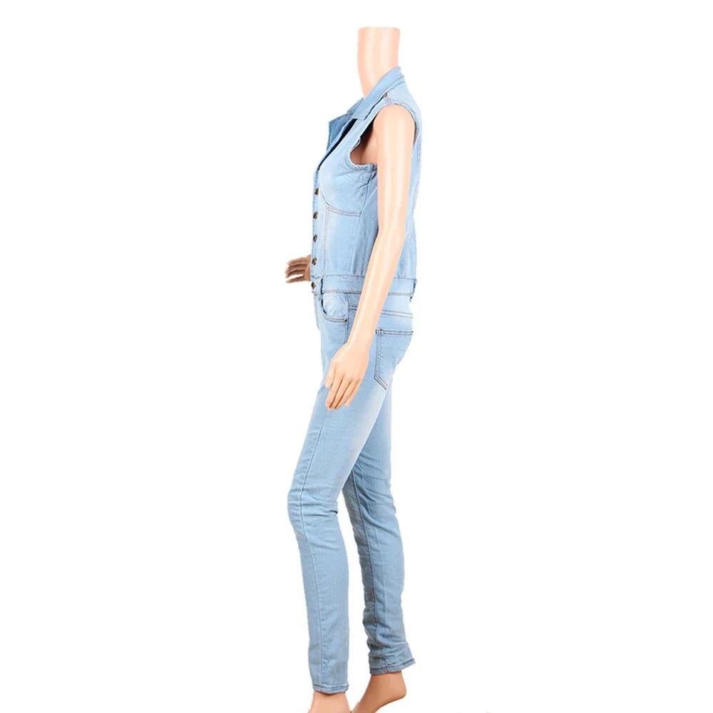 Denim Jumpsuit for Women Sexy Slim Fit Zipper Sleeveless V-Neck High Waist Fashion Jean Pants Rompers