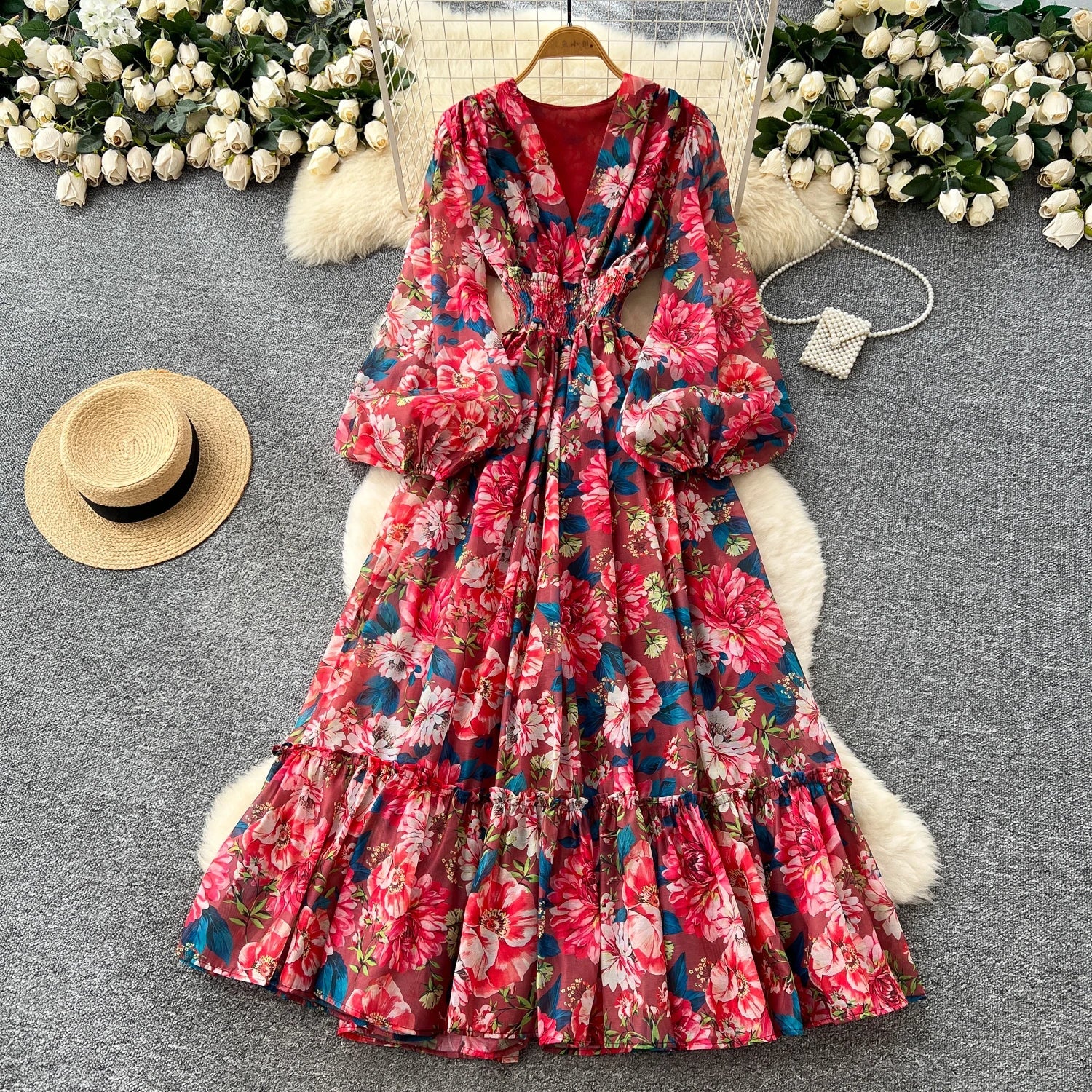Chic vintage long sleeve lantern sleeve V-neck print pleated Elegant Fairy korean dress women clothing Long dress