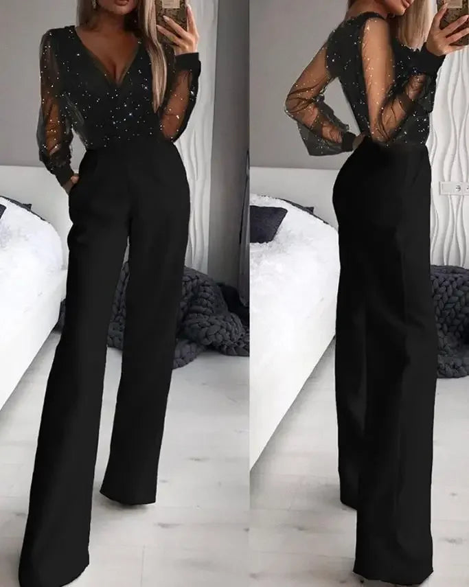 Elegant Jumpsuit Women Spring Fashion Glitter Print Sexy V-Neck Long Sleeve Casual Contrast Mesh Pocket Straight Leg Jumpsuit