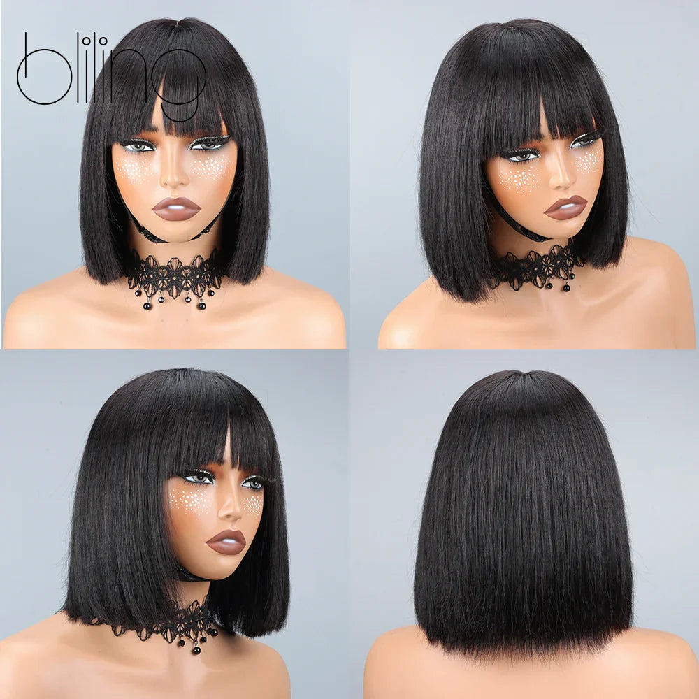 200% Human Hair Wig With Bang Natural Glueless Straight Layered Bob Hairstyle 1X13 Transparent Lace Black for Women 10 Inch