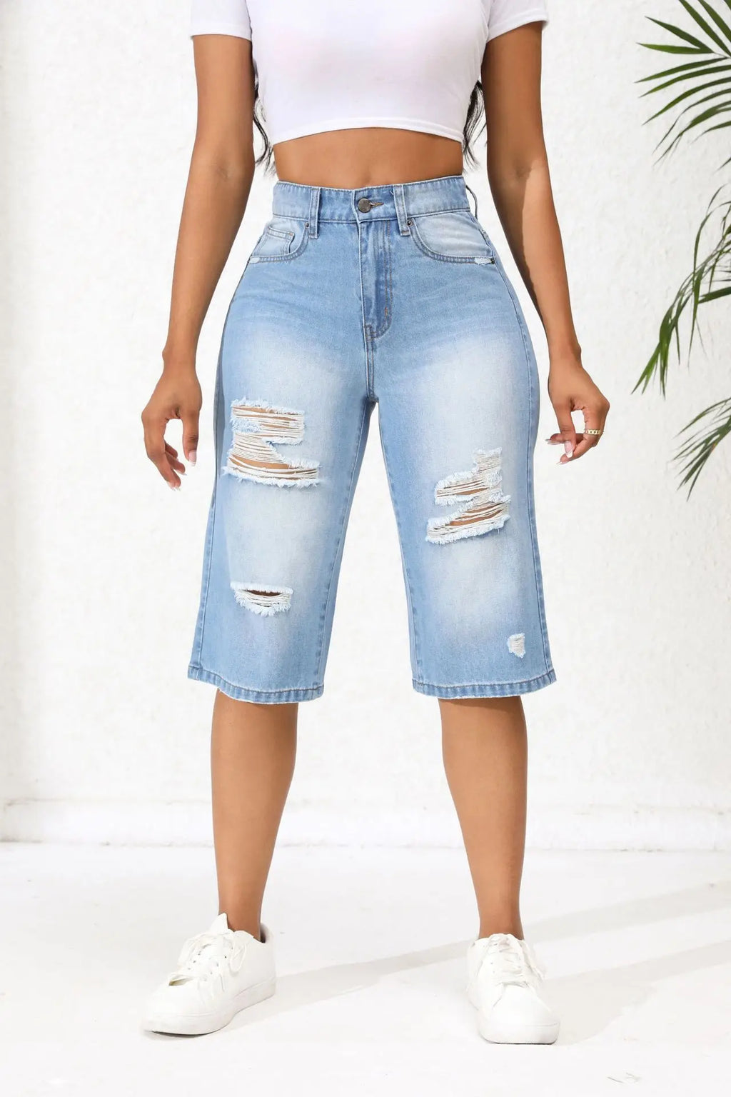 2025 Summer New Calf-Length Jeans For Women Fashion Ripped Slim Fit Butt Lift Denim Straight Legs Casual Clothing