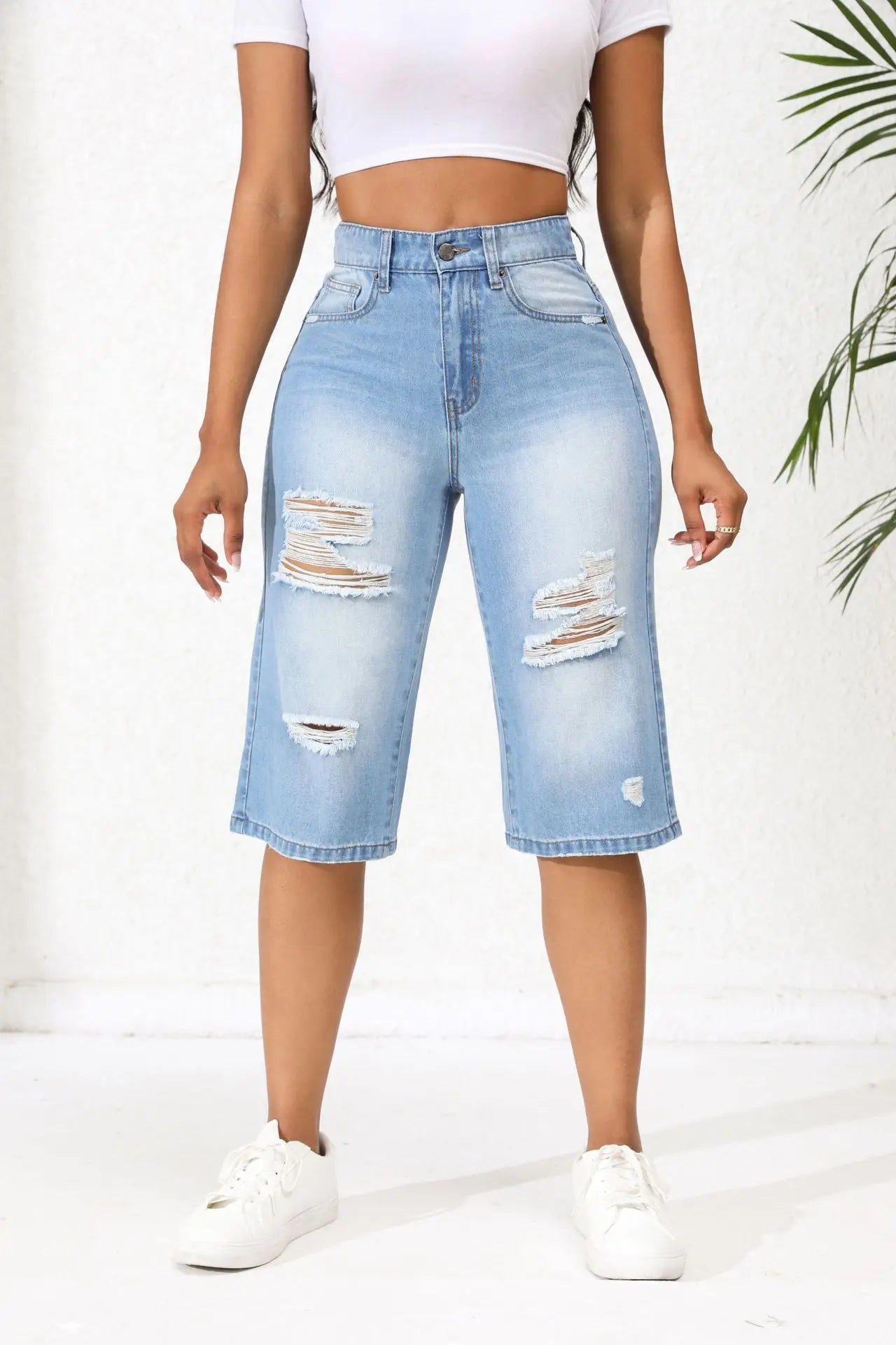 2025 Summer New Calf-Length Jeans For Women Fashion Ripped Slim Fit Butt Lift Denim Straight Legs Casual Clothing