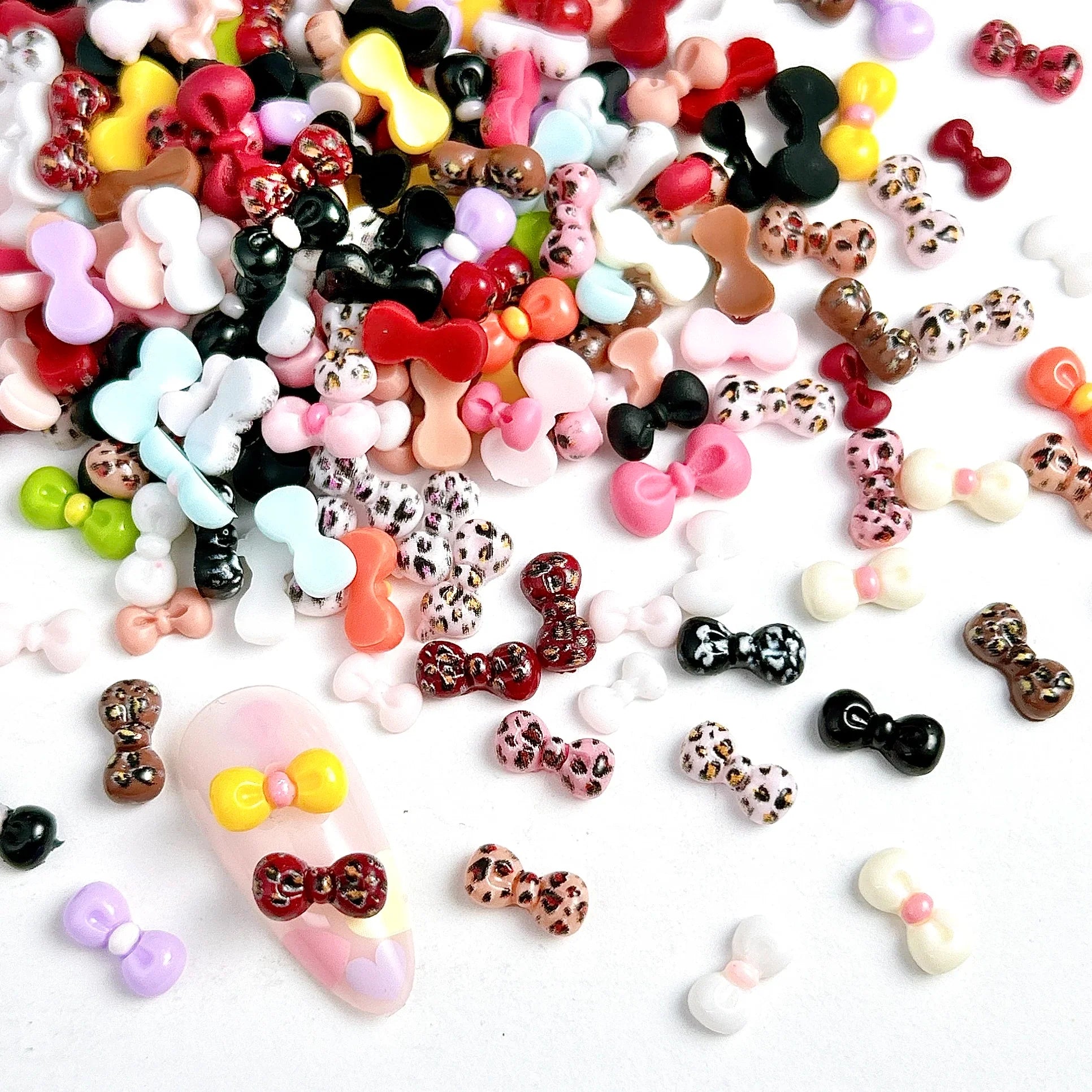 3D Mini Solid Color Tie Nail Art Decorations New Classic Leopard Pattern Bow Mixed Resin Nail Charms for DIY Earring Nails Parts