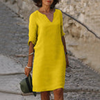 Cotton Linen Women's White Mini Dresses Half Sleeve Holiday Vacation Women's Dress V Neck Solid Color Women's Summer Party Dress