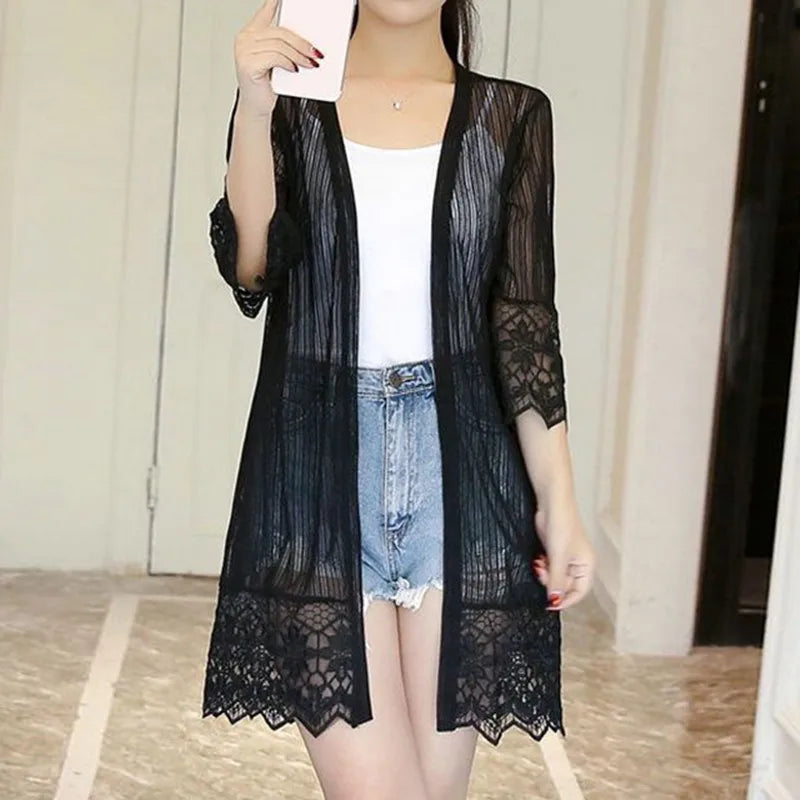 2023 Spring Summer Sun Protection Clothing Women Lace Cardigan Loose Tops Women Flare Sleeve Coat Jacket Shirt Ladies Mesh Shawl