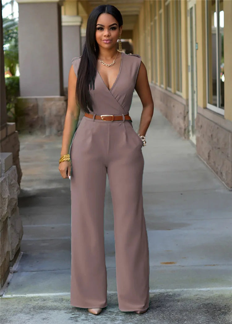 Business Formal Jumpsuit Work Wear Women Romper Elegant Long Deep V Neck Sleeveless High Waist Wrap Jumpsuits Fashion Streetwear