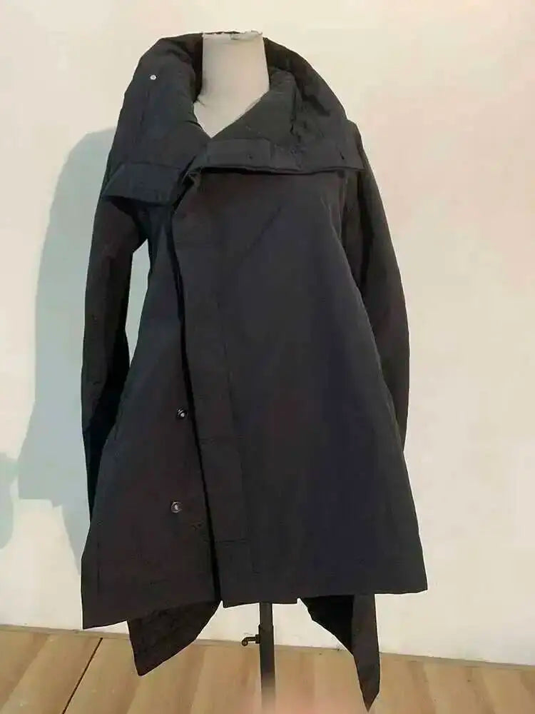 EAM 2024 New Fashion Winter Stand Collar Irregular Long Type Black Cotton-padded Clothes Loose Coat Black Jacket Woman YA771