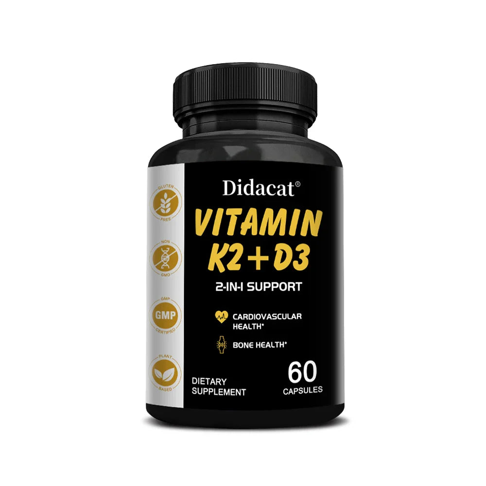 Didacat Vitamin D3+K2 Capsules, Support Calcium Absorption Bone Teeth Heart Brain Health Joints Immune Function