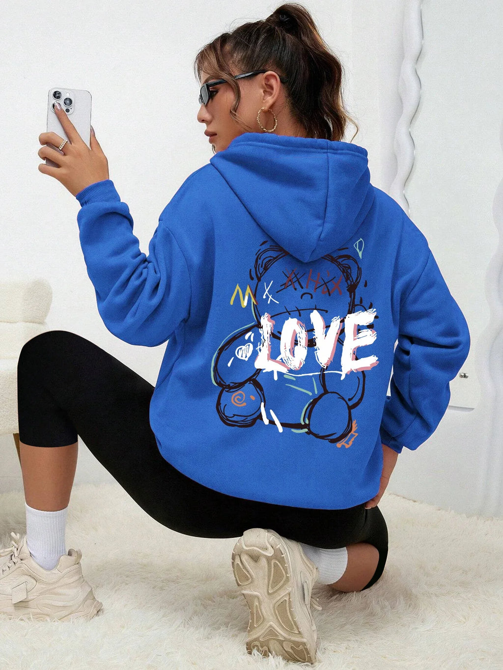 Graffiti Line Bear Simple Print Female Hoody Harajuku S-Xxl Sweatshirt Fashion Casual Street Hooded Autumn Warm Streetwear Women