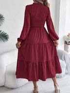 Autumn Winter Elegant Dresses for Woman Solid Color Round Neck Long Sleeve Ruffled Dresses Khaki Green Red