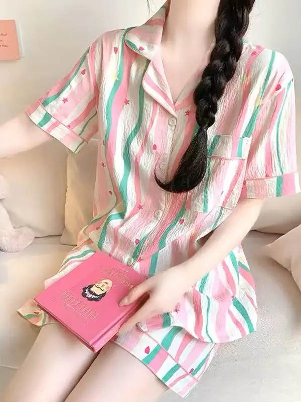 Cute Girl's Summer Cotton Linen ort Sve Nightgown Home Clothes Set Bear Print Gauze Spwear Simple Home Sle