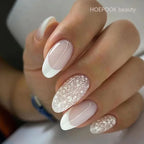 24pcs Nude French Fake Nails White Edge Almond False Nails Art Full Coverage Removable Waterproof Artificial Press on Nail