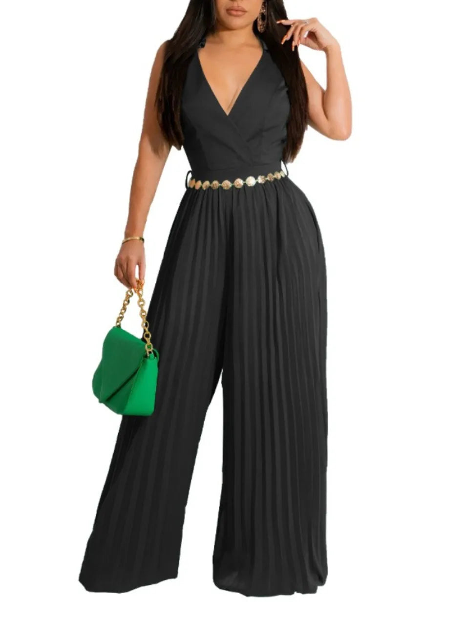 Elegant Solid Wide Leg Rompers Fashion High Waisted Lace Up Party Lady Play Suits Women Chic Sleeveless V Neck Jumpsuits