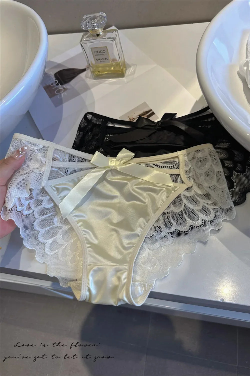 5Pcs Silk underwear, Women's intimate  sexy lovely soft ﻿comfortable bowknot silk  light  thin triangular pants lace splicing