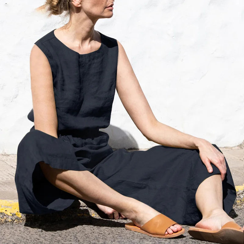 Elegant Solid Cotton Linen Women Jumpsuit Fashion Button O Neck Sleeveless Pocket Jumpsuits Ladies Elastic Waist Office Clothing