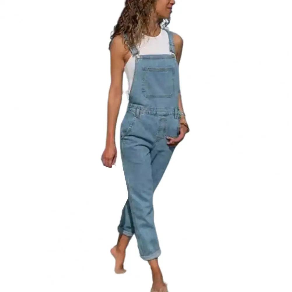 Denim Overalls with Pockets Distressed Denim Overalls Stylish Plus Size Denim Jumpsuit with Adjustable Straps Side Pockets