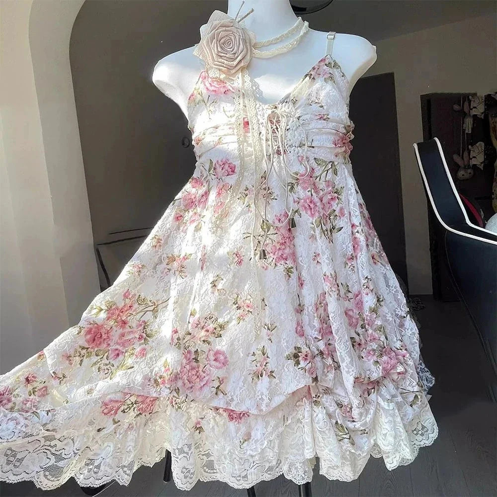 2000s Gothic Vintage Mini Dress Women Sleeveless Strap Party Dress Evening Lace Retro Cltohing Japanese Y2k Black Chic