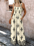 2025 Summer Female Jumpsuits with Pockets Fashion Printing Wide Legs High Waist Women's Rompers Sleeveless Strap Pants Trousers