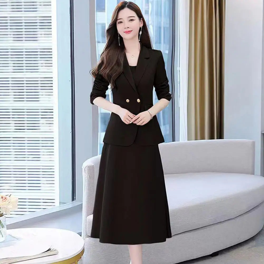 2Pcs/Set Summer Women Suit Dress Outfit  Solid Color Mid-length Lady Dress Sets Light Luxury Commute Sling Dress Coat Set