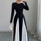 2025 Spring & Autumn Women's Long Sleeve Round Neck A Line Contrast Color Dress, Stylish Black & White Patchwork Long Dress
