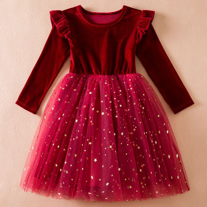 2025 Red Christmas Dress for Baby Girls Winter Long Sleeve Mesh Dresses for 3-8Yrs Kid Star Sequin Birthday Party Princess Dress