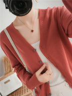 100% Cotton Line Long Sleeve V-Neck Knitted Cardigan Women Loose Short Solid Color Simple Sun Protection SMY K61