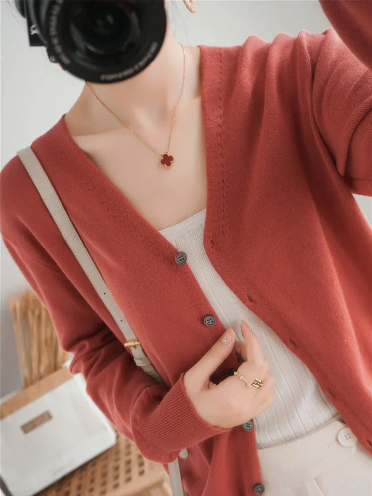 100% Cotton Line Long Sleeve V-Neck Knitted Cardigan Women Loose Short Solid Color Simple Sun Protection SMY K61