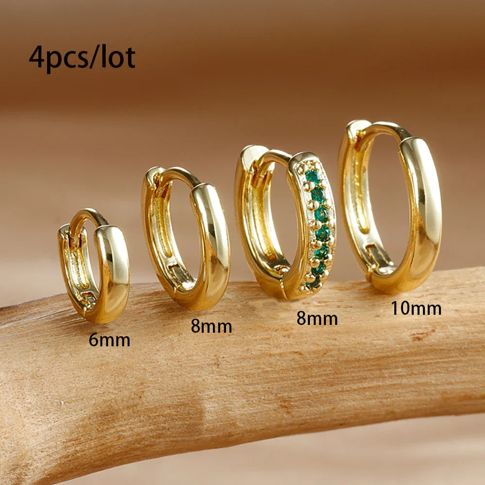 4PCS Set Stainless Steel Huggie Minimal Hoop Earrings 6/8/10mm Crystal Zirconia Helix Tragus Cartilage Earrings Piercing Jewelry