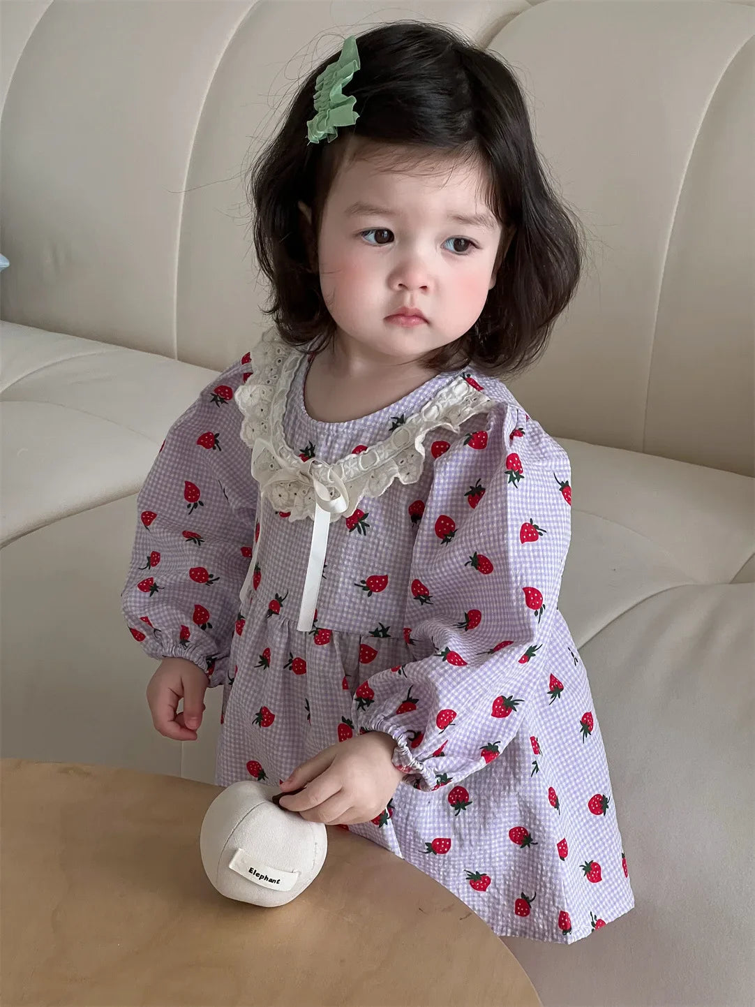 2025 Spring New Baby Girl Long Sleeve Dress Cute Strawberry Print Newborn Toddler Princess Bodysuit Dress Kids Girls Lace Dress