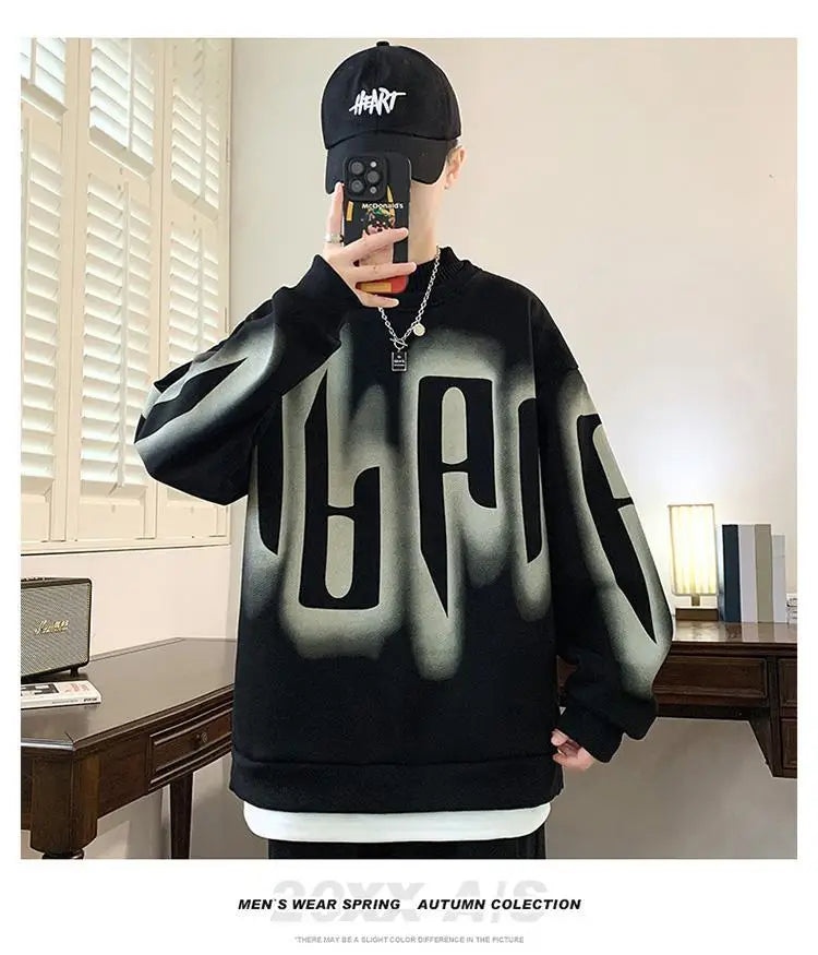 Autumn Winter Long Sleeve Print Letter Casual Hoodies Sweatshirts Thick Fake Two Pieces Fashion Tops Korean Trend Men Clothing
