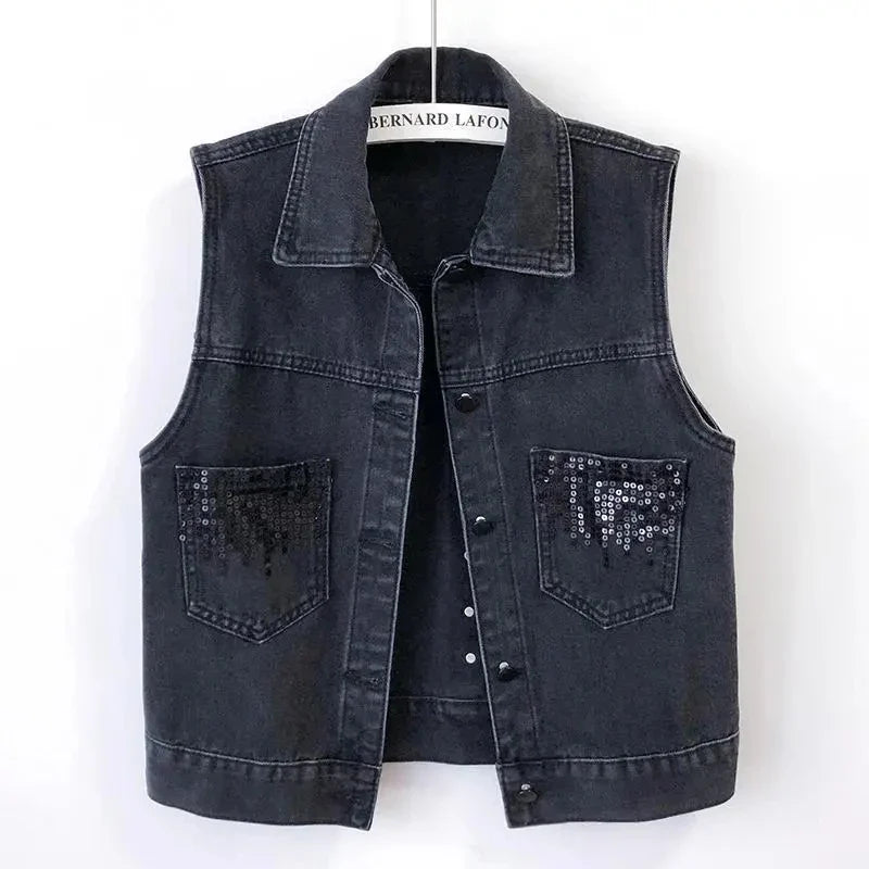 2024 Fashion Design Sequins Denim Vest Summer Autumn Women's Waistcoat Korean Leeveless Denim Jeans Jacket Female Vest Tops