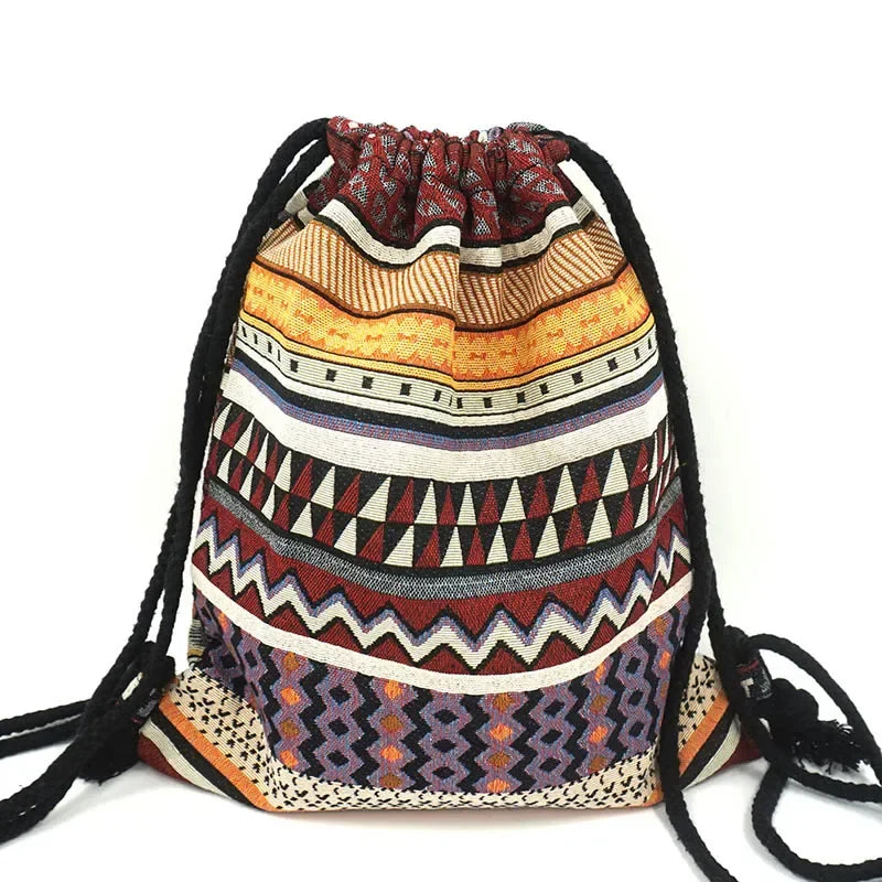2025 Women Fabric Backpack Female Gypsy Bohemian Boho Chic Aztec Ibiza Tribal Ethnic Cottage Soft Brown Drawstring Rucksack Bags