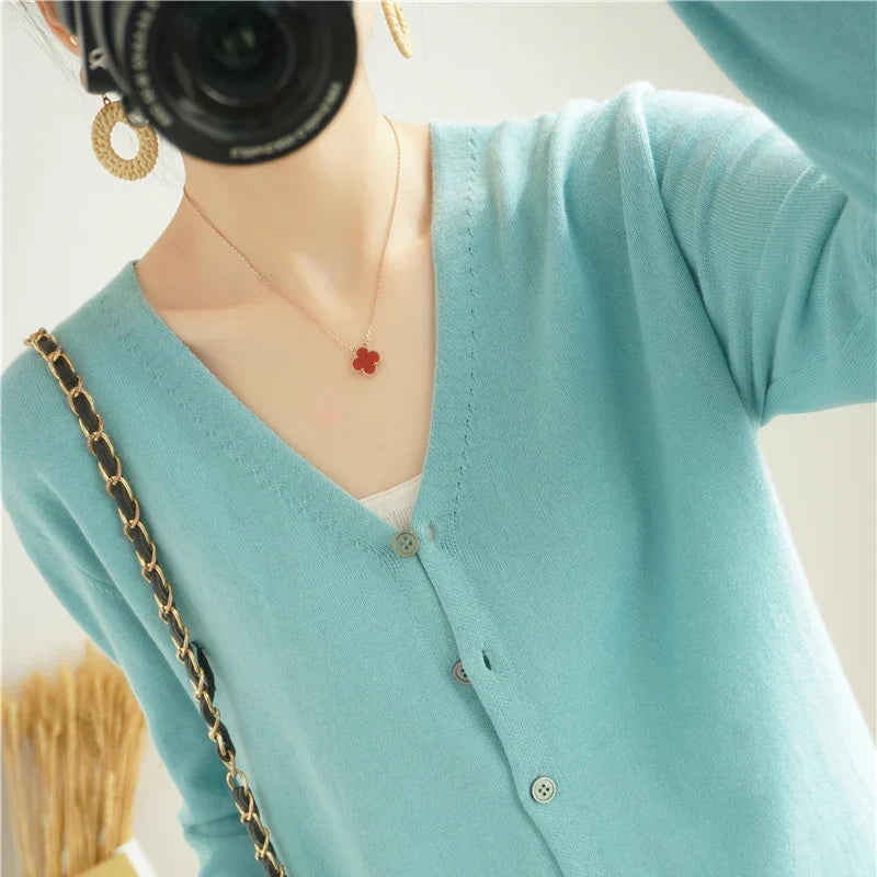 100% Cotton Line Long Sleeve V-Neck Knitted Cardigan Women Loose Short Solid Color Simple Sun Protection SMY K61